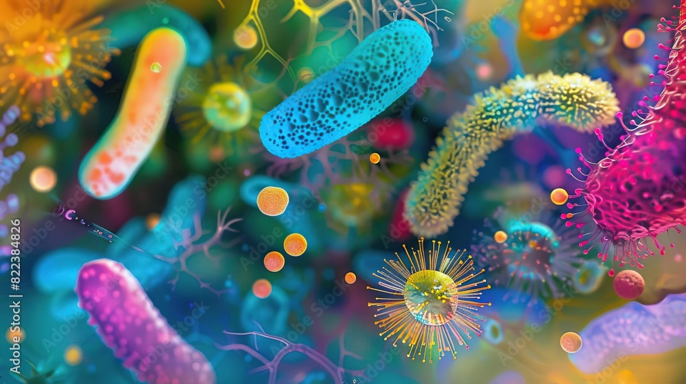 Vibrant microscopic image of bacteria with different shapes and sizes Vibrant microscopic image of bacteria with different shapes and sizes