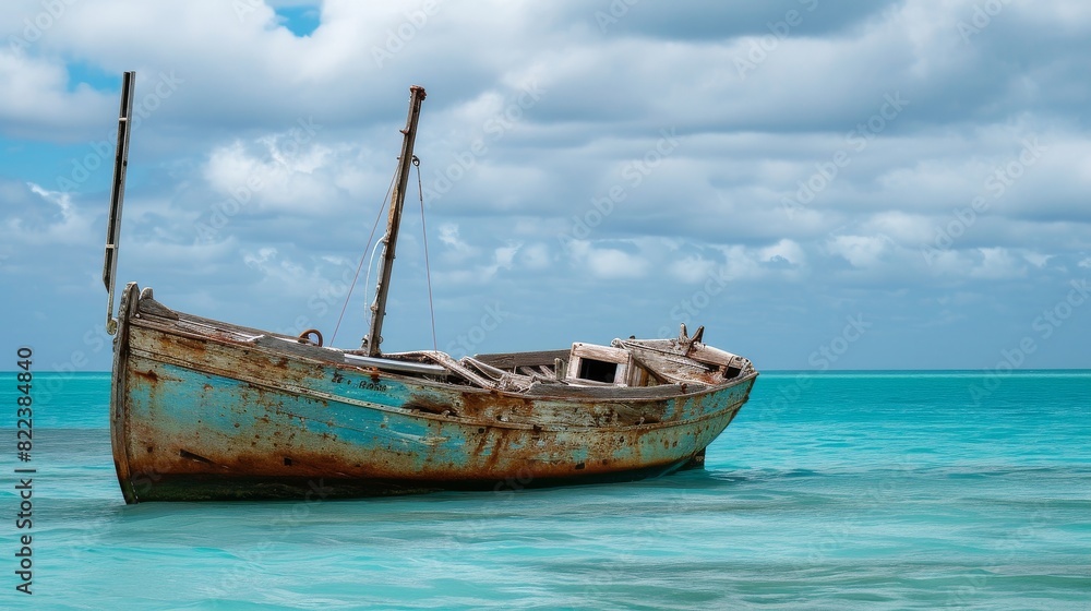 Vintage wooden boat anchored in the Coral Sea