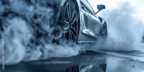 Closeup of a sports car burning rubber on a road. Concept Automobile Photography, Action Shots, Sports Car, Burnout, High-Speed Capture
