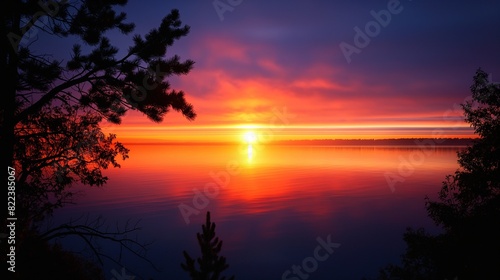 A breathtaking sunrise over a tranquil lake  with vibrant hues of orange and pink reflecting off the calm waters  framed by silhouettes of trees in the foreground. 32k  full ultra HD  high resolution