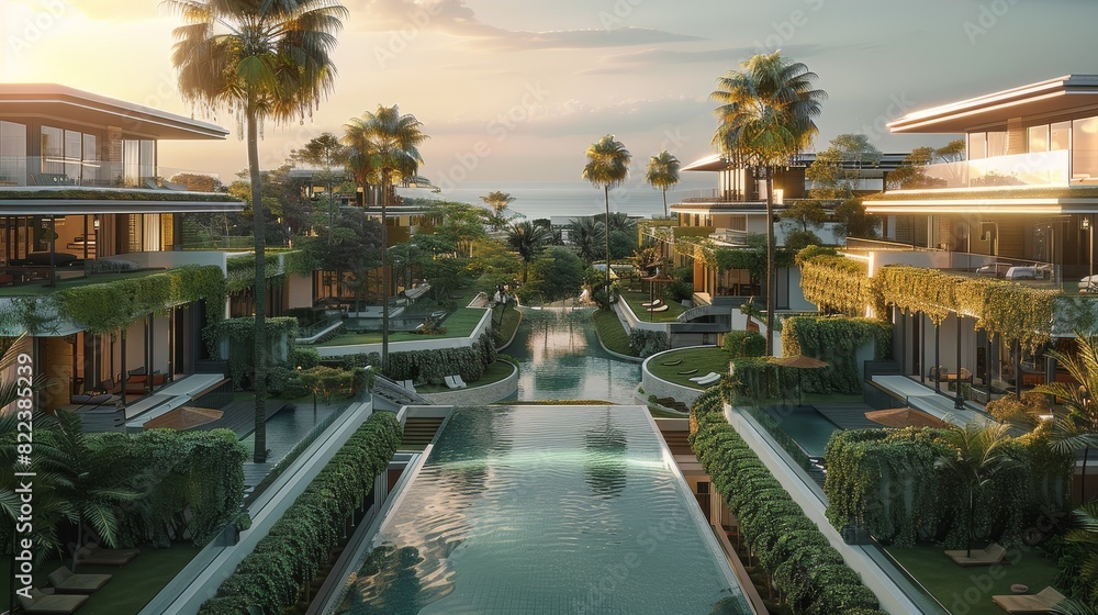 Modern resort which have green space on the roof top, big glass, swimming pool, green space, 10 buildings, high trees, terrace at the outdoor, beachfront. Generative AI.