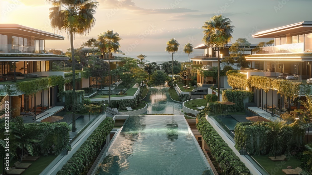 Modern resort which have green space on the roof top, big glass, swimming pool, green space, 10 buildings, high trees, terrace at the outdoor, beachfront. Generative AI. Modern resort which have green space on the roof top, big glass, swimming pool, green space, 10 buildings, high trees, terrace at the outdoor, beachfront. Generative AI.