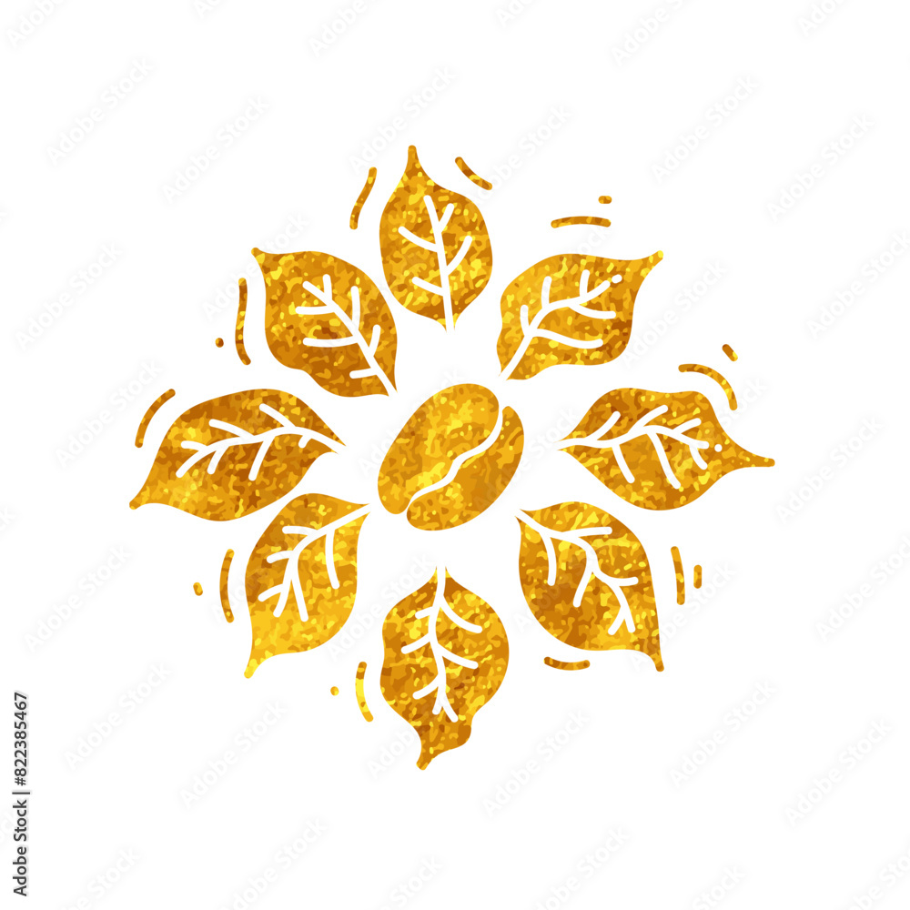 Coffee bean and leaves drawing in gold color style Coffee bean and leaves drawing in gold color style