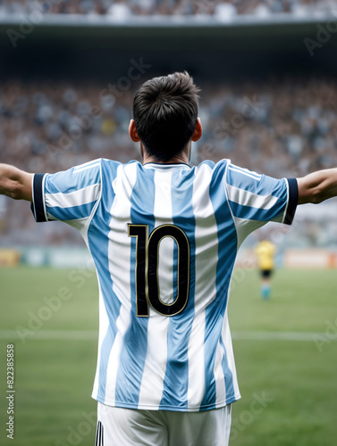 Soccer player celebrating a goal. Greatest football player of all time wearing Argentina´s team jersey. Back view of the best soccer player in the world standing in a stadium field