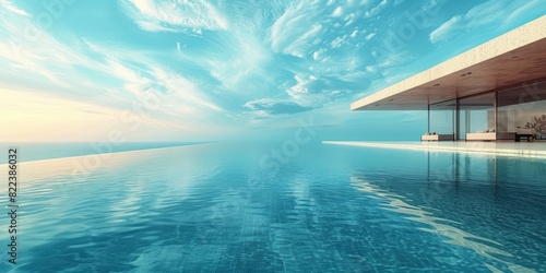 A spacious swimming pool overlooks the vast ocean, offering a stunning view of the water photo