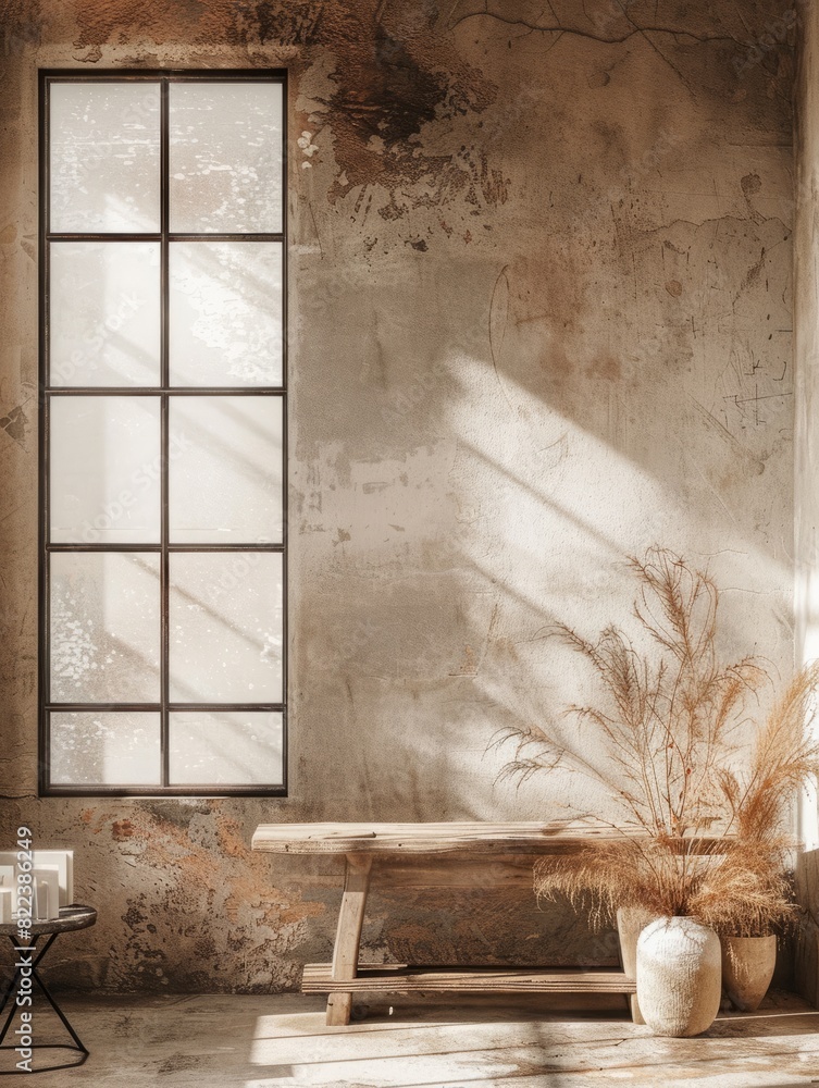 Generative AI, Warm neutral wabi sabi style interior mockup, Japanese minimalistic style, grungy wall Generative AI, Warm neutral wabi sabi style interior mockup, Japanese minimalistic style, grungy wall