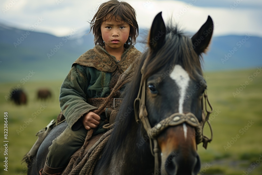 Fototapeta premium Pensive child rides a horse across expansive, natural landscapes, expressing a deep connection with nature