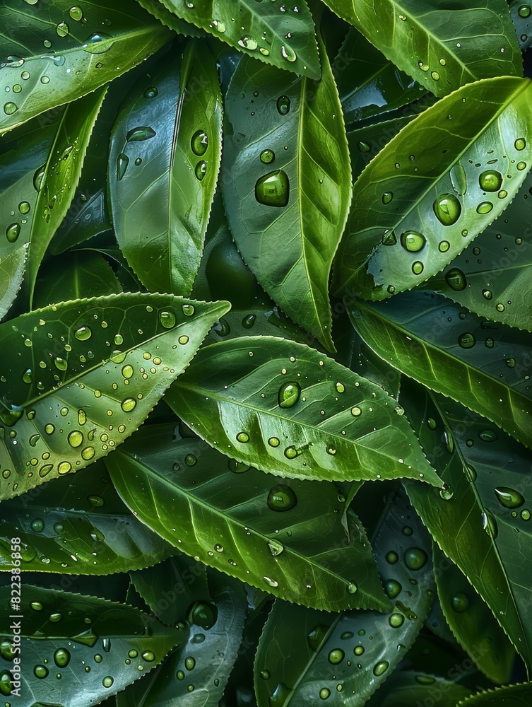 Dragon well tea leaves macro, fresh dragon well tea leaves densely spread over the whole background, water droplets water drops on the tea leaves, top view. Generative AI. Dragon well tea leaves macro, fresh dragon well tea leaves densely spread over the whole background, water droplets water drops on the tea leaves, top view. Generative AI.