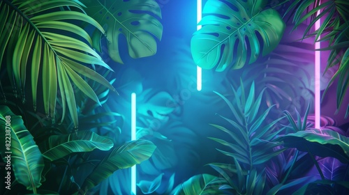 Green and Blue Neon Light with Tropical Leaves