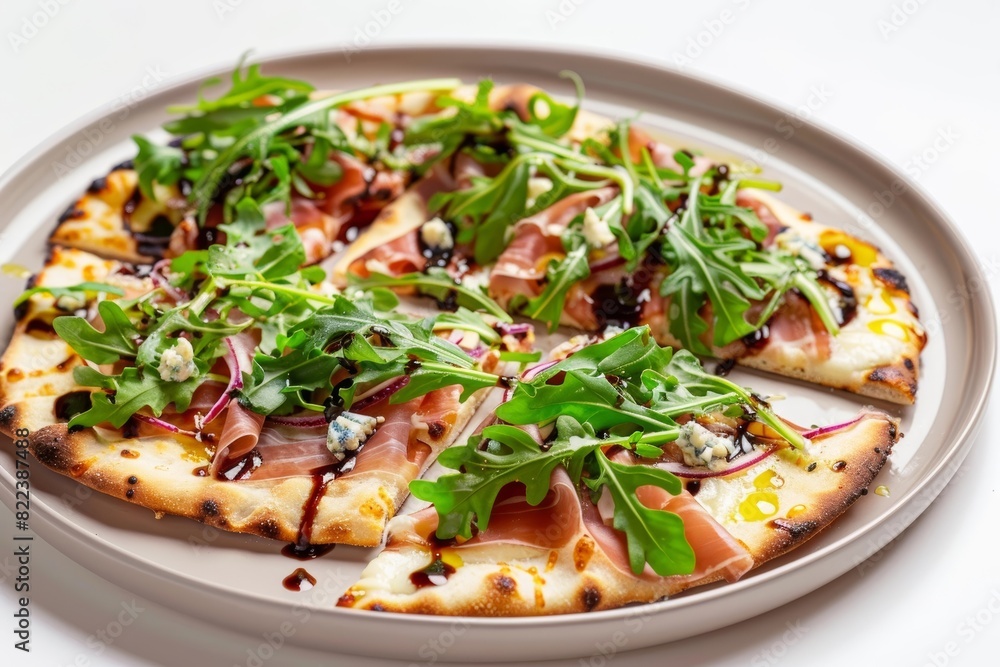 Beautifully Presented Arugula-Prosciutto Flatbread Pizzas with Crisp Prosciutto Slices Beautifully Presented Arugula-Prosciutto Flatbread Pizzas with Crisp Prosciutto Slices