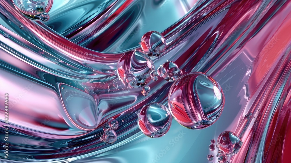 3d render of abstract futuristic background with glass and metal shapes, glassy texture, bubbles, liquid colors, digital art style, high resolution