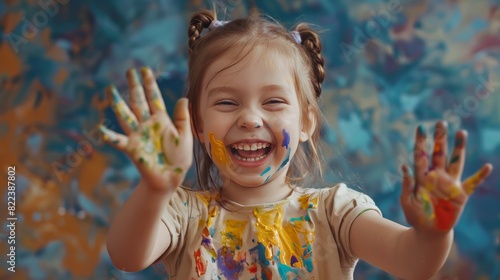 funny child girl draws laughing shows hands dirty with paint