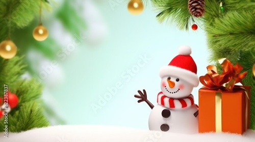 Christmas background with snowman and gift boxes. © vlntn