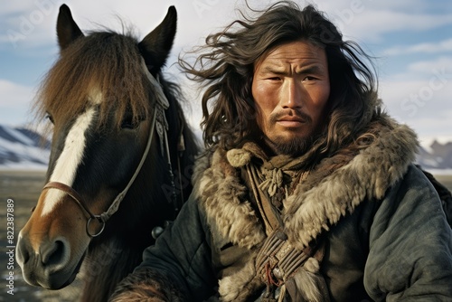 Portrait of a nomadic man in traditional attire with his horse against a remote landscape