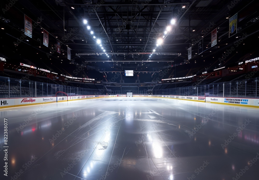 A wide-angle view of an ice hockey rink A wide-angle view of an ice hockey rink