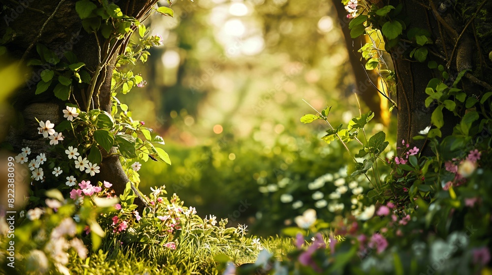 Obraz premium Fantasy mysterious tunnel with blooming flowers. Spring background.