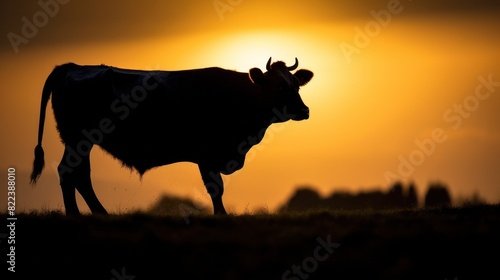 Silhouette of cow on sunset sky.
