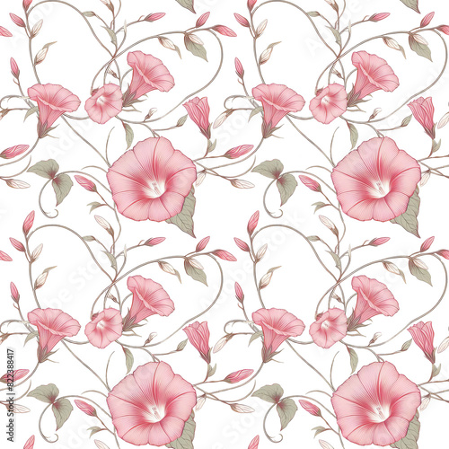 style bindweed, pink convolvulus flower with leaves, isolated on white background, ditsy small white flower pattern, seamless pattern