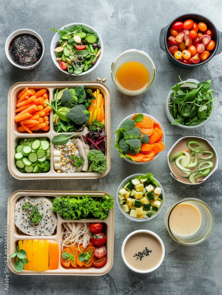 healthy take away food and drinks in disposable eco friendly paper containers on gray background top view fresh salad soup poke bowl buddha bowl fruits coffee and juice generative ai healthy take away food and drinks in disposable eco friendly paper containers on gray background top view fresh salad soup poke bowl buddha bowl fruits coffee and juice generative ai