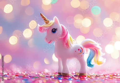 small white unicorn with a rainbow mane and golden horn stands on the floor