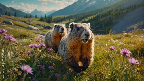 two marmots high in the mountains walking on the path