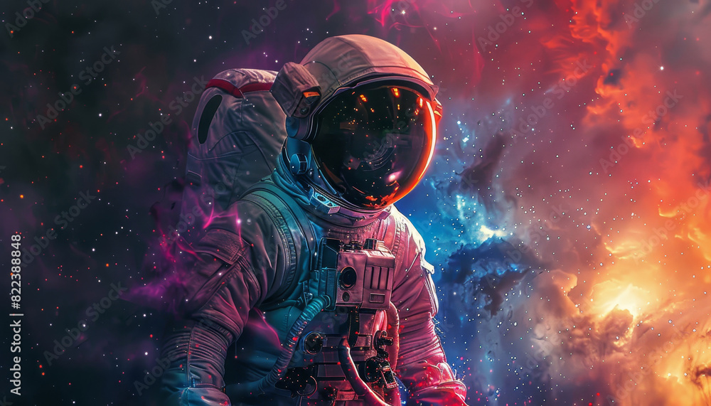 A colorful astronaut is reaching out to a glowing cloud of colorful gas by AI generated image A colorful astronaut is reaching out to a glowing cloud of colorful gas by AI generated image