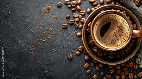 Rich roasted coffee beans surrounding a steaming cup of coffee.