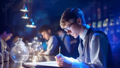 A young man in glasses writes in a notebook at a laboratory table, surrounded by other students. The lab is lit by blue light, creating an atmosphere of diligence and focus. photo