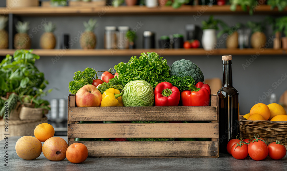 Wooden box with various fruits and vegetables. Shopping cart filled with food and drinks and supermarket shelves in the background, grocery shopping concept. Wooden box with various fruits and vegetables. Shopping cart filled with food and drinks and supermarket shelves in the background, grocery shopping concept.