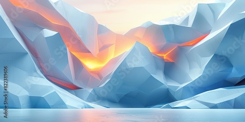 Painting of icebergs floating in the ocean with a vibrant sunset in the background photo