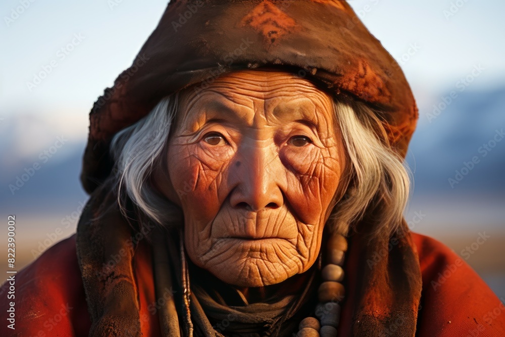 Close-up portrait of an elderly woman with traditional attire, profound wrinkles, and a piercing gaze Close-up portrait of an elderly woman with traditional attire, profound wrinkles, and a piercing gaze