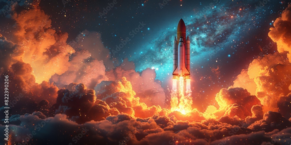 A rocket speeds through the sky among clouds and stars A rocket speeds through the sky among clouds and stars