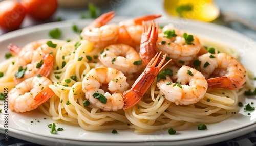 Homemade Cooked Garlic Shrimp Scampi on a Plate, side view. Close-up.

