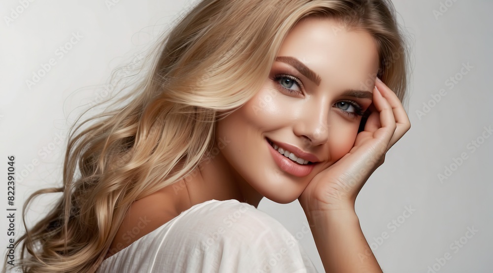 Obraz premium Beautiful attractive blonde woman model with smooth healthy skin and hair smiling and touching her face isolated on white background