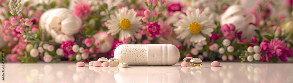 White capsules and tablets on a glossy surface with a background of pink and white flowers, symbolizing natural health and wellness. White capsules and tablets on a glossy surface with a background of pink and white flowers, symbolizing natural health and wellness.