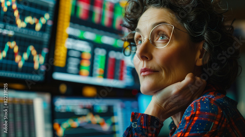 Woman stock exchange manager, trader, Dow Jones stock market analysis on wall street Finance Trade Manager Stock Market Indicators for Optimal Investment Strategy.