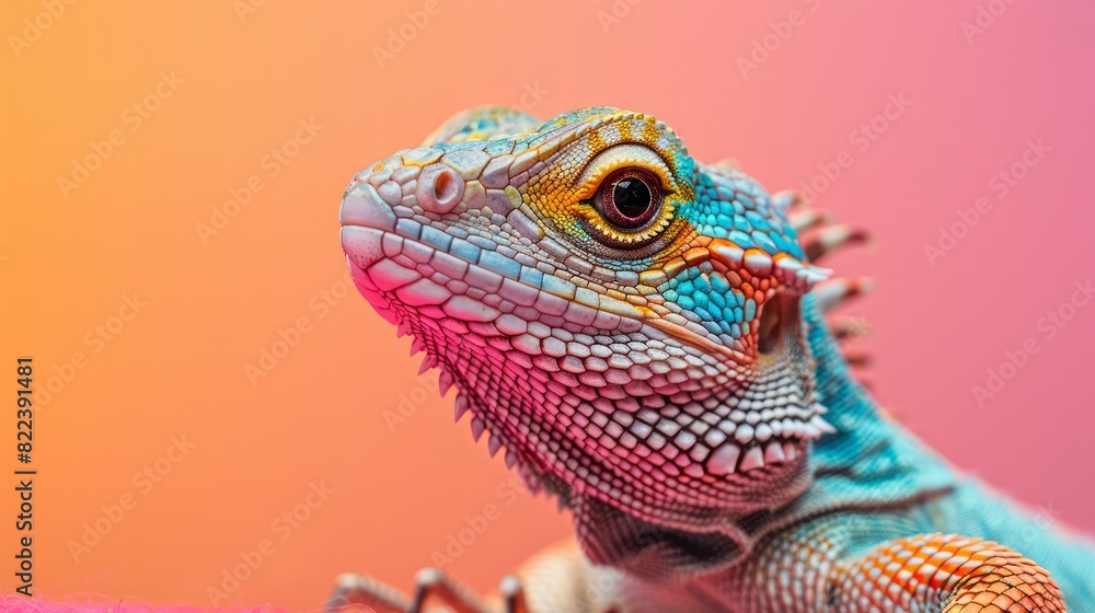 A colorful lizard with a blue head and orange and yellow tail A colorful lizard with a blue head and orange and yellow tail