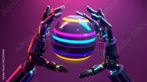 3D render of robot hands holding and spinning a colorful striped ball, with a dark purple background and neon light effects, in the hyper realistic style.