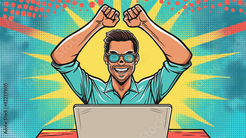 Pop art and business concept. Pop art man with raised hands sitting in front of laptop with eyeglasses on isolated colorful background comic style. Employee who receives positive news about the job.
