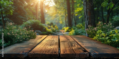 A wooden table sits amidst a dense forest, surrounded by trees and undergrowth