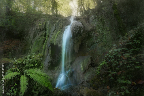 corraladas waterfall in Altube, Alava, in the Gorbea natural park, with a fern in the foreground and very little water on an autumn morning photo