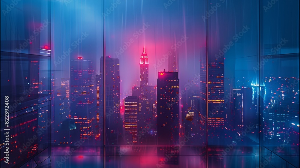 A mysterious urban setting with a lot of high-rise buildings, at night, lighting, red and blue color palette. Generative AI. A mysterious urban setting with a lot of high-rise buildings, at night, lighting, red and blue color palette. Generative AI.