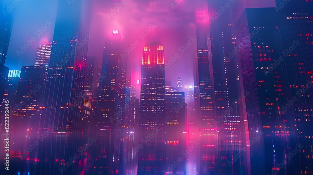 Fototapeta premium A mysterious urban setting with a lot of high-rise buildings, at night, lighting, red and blue color palette. Generative AI.