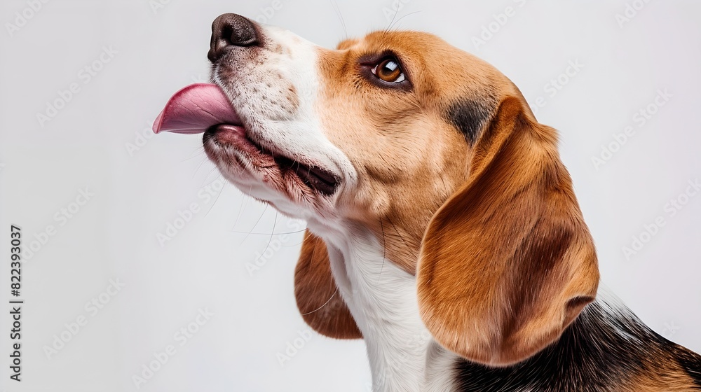 Cute beagle dog looking up with tongue out. Playful puppy portrait. Studio shot on white background. Perfect for pet-themed content and advertisements on photo stocks. AI Cute beagle dog looking up with tongue out. Playful puppy portrait. Studio shot on white background. Perfect for pet-themed content and advertisements on photo stocks. AI