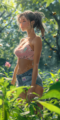 Woman in the forest with bees aniem style