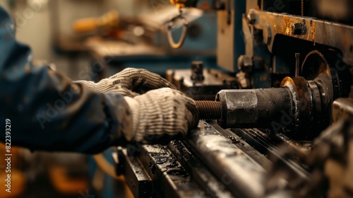 Worker Handling Machinery with Gloved Hands in Workshop