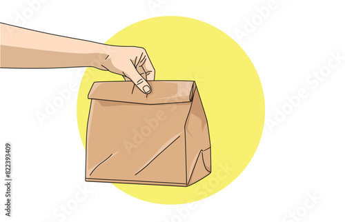 illustration of hand holding disposable brown takeaway food in paper bag with lunch on table.