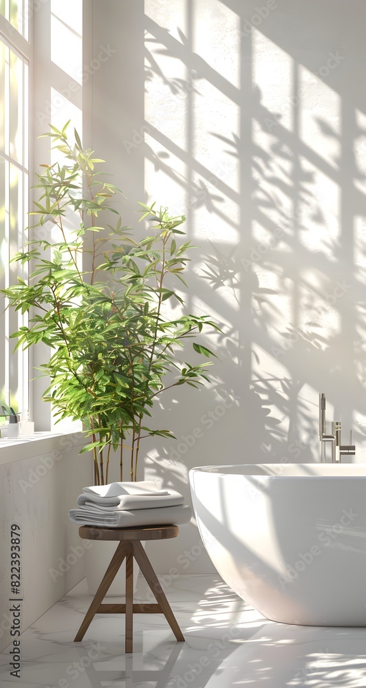 A serene and minimalist bathroom scene with an oversized white bathtub, bamboo plants adding life to the space A serene and minimalist bathroom scene with an oversized white bathtub, bamboo plants adding life to the space