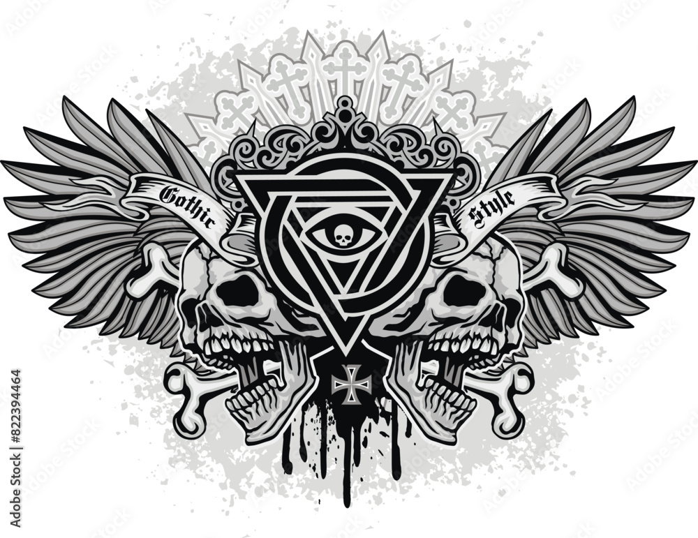 Obraz premium Gothic sign with skull and Wings , grunge vintage design t shirts