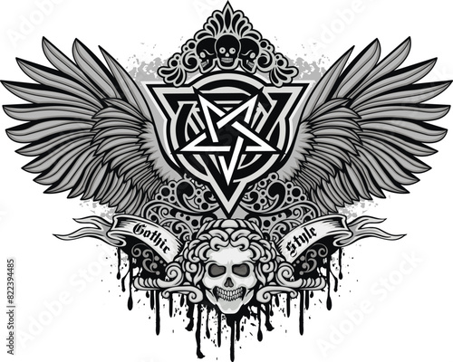 Gothic sign with skull and Wings , grunge vintage design t shirts